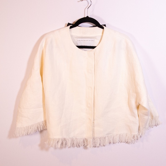 Andrew GN Linen Woven Textured Weave Fringe Snap Button Bow Tie Back Jacket 38 - Picture 1 of 4